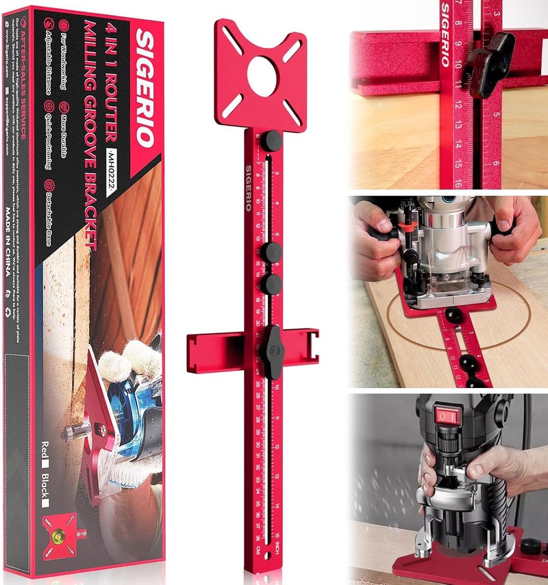 Sigerio New 4 in 1 Router Milling Groove Bracket, Aluminum Alloy Router Circle Cutting Jig, Multifunctional RouterGuide for Cutting Circles, Adjustable RouterJig Tool for Woodworking (Rose Red) - Image 1